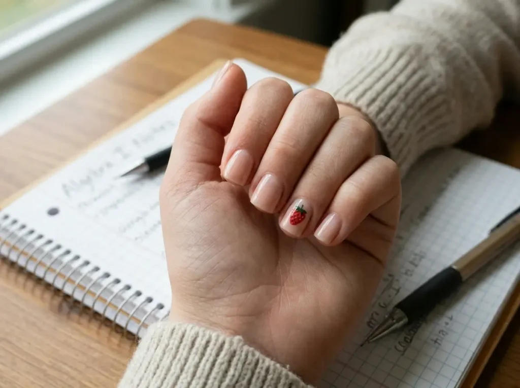 Back to School Nails for Kids: 15 Cute, Simple & Age-Appropriate Ideas 9 Short strawberry accent nails for tweens going back to school