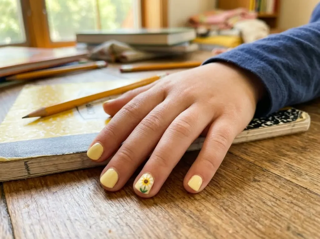 Back to School Nails for Kids: 15 Cute, Simple & Age-Appropriate Ideas 5 Pastel yellow kids nails with a simple sunflower accent