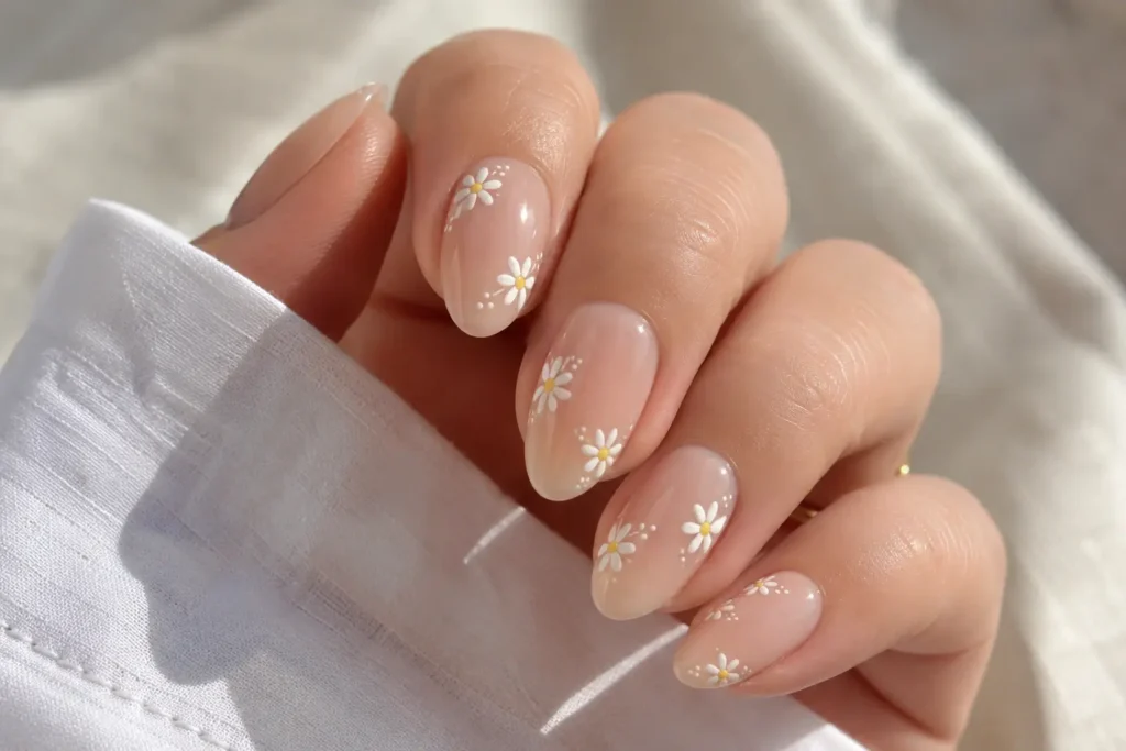 Short almond nails with delicate floral accent nail art.