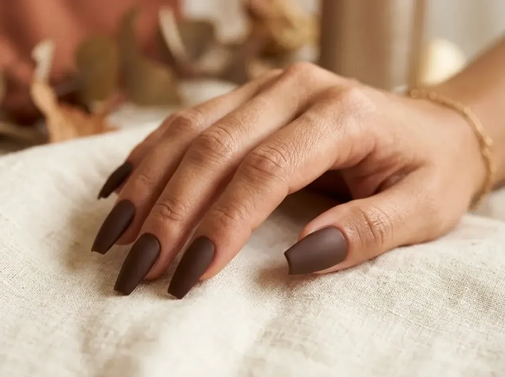 15 Trendy Fall Nail Designs You Need to Try in 2026 (Classy & Cozy Inspo) 12 Sharp coffin acrylic nails in solid matte dark chocolate brown