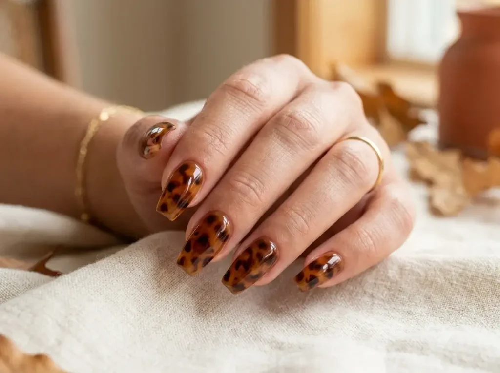 15 Trendy Fall Nail Designs You Need to Try in 2026 (Classy & Cozy Inspo) 4 Medium coffin nails with realistic glass tortoiseshell pattern blending amber jelly and dark brown