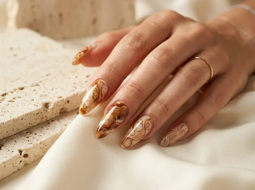 September Nail Ideas 2026: 15 Pretty Designs for the Summer-to-Fall Transition 15 caramel and cream marble September nail design