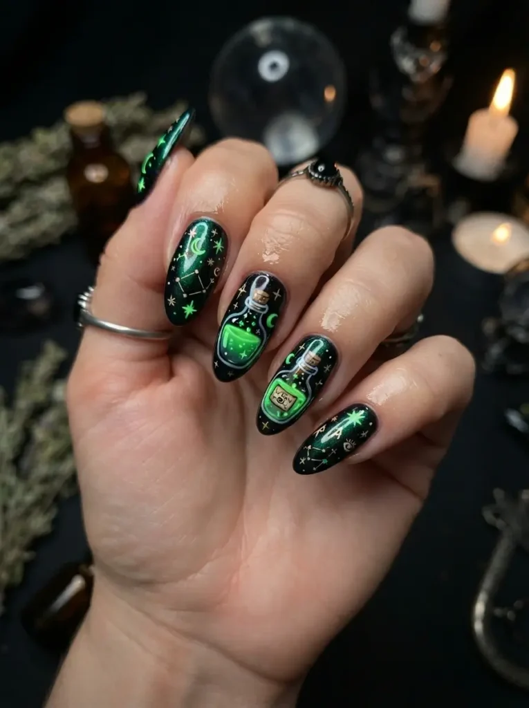 Halloween Nails 2026: 30+ Cute, Classy & Spooky Designs 24 witchy potion bottle spooky Halloween nails