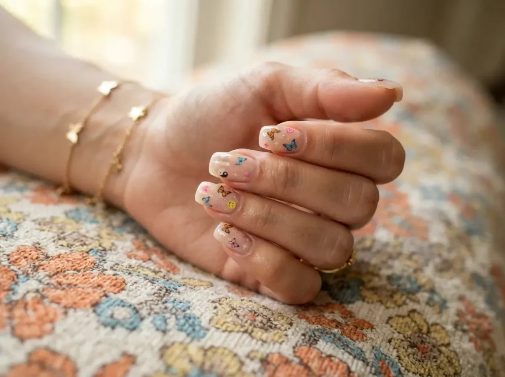 Back to School Nails 2026: 15 Cute & School-Friendly Ideas 9 Glossy nude nails with colorful Y2K butterfly accent details.