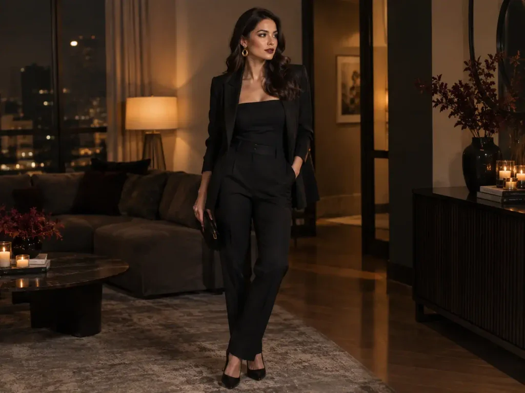 15 Classy Halloween Outfits for Women Who Don't Want a Costume 4 All-black Halloween outfit for women with dramatic makeup