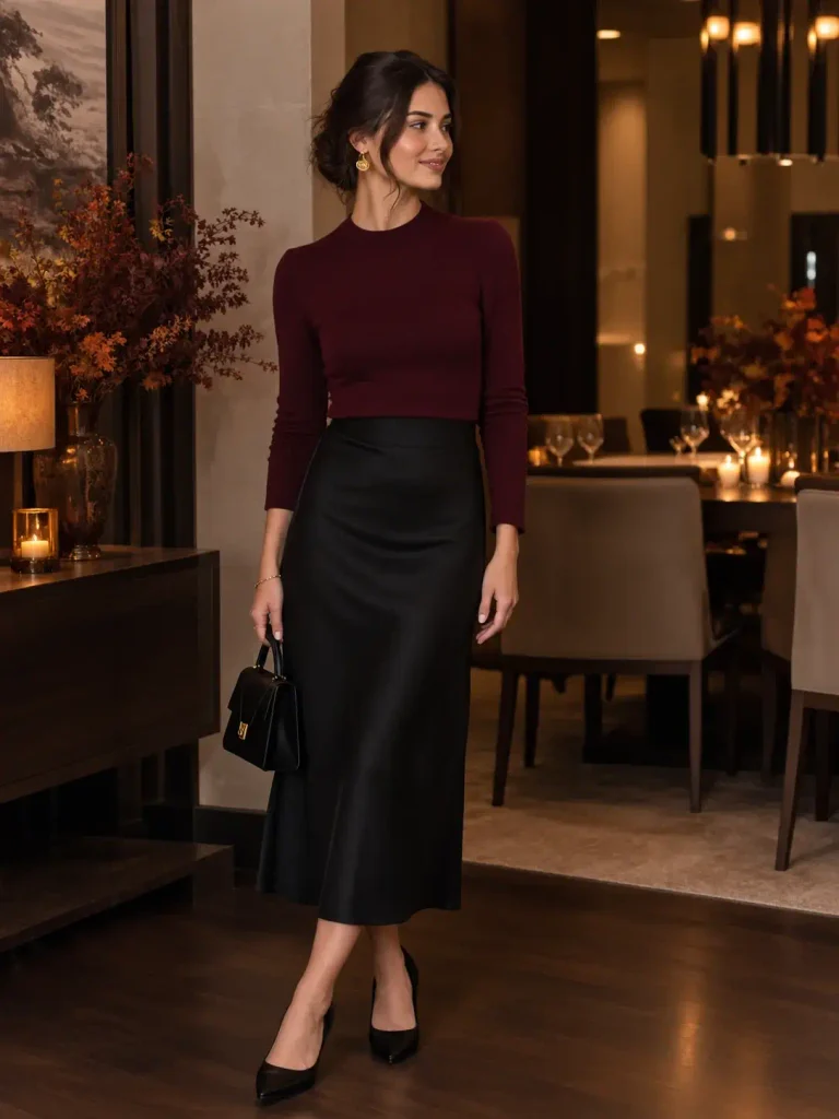 15 Classy Halloween Outfits for Women Who Don't Want a Costume 5 Burgundy and black outfit idea for a classy Halloween look