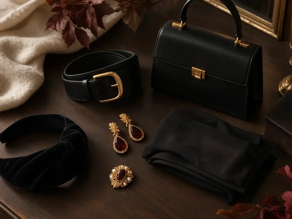 15 Classy Halloween Outfits for Women Who Don't Want a Costume 7 Halloween accessories including statement earrings, sheer tights, belt, velvet headband and black handbag