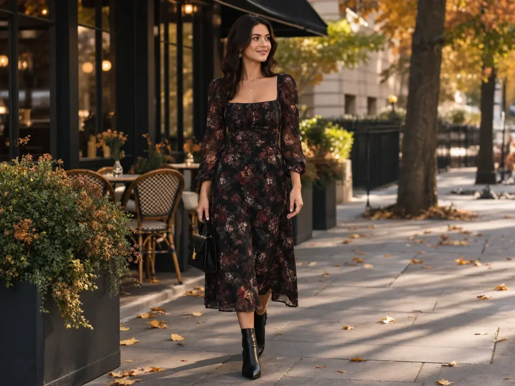 15 Classy Halloween Outfits for Women Who Don't Want a Costume 3 Dark floral dress with ankle boots for a subtle Halloween outfit